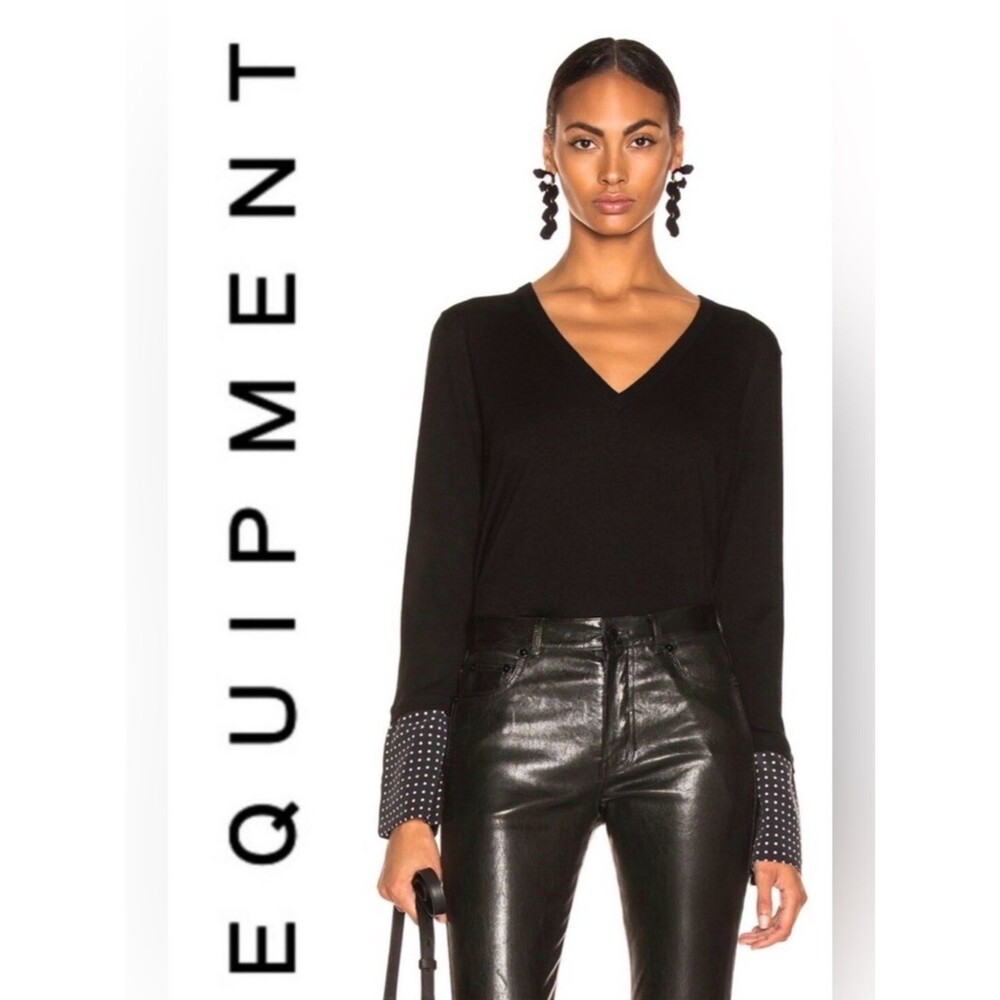 Equipment Ursula V Neck Black Wool Sweater Silk Polkadot Cuffs Small Revolve S